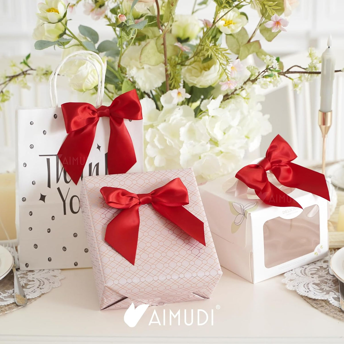 AIMUDI Red Satin Bows 5.5" Bows for Gift Wrapping, Invitations, Baskets, Wreaths, Crafts, Wedding