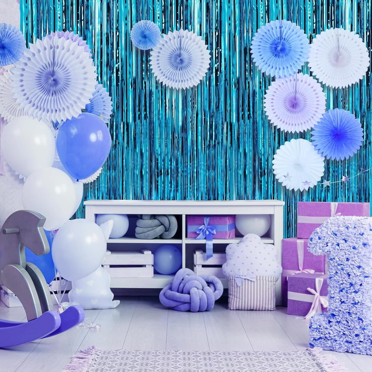 2 Pack Baby Blue Foil Fringe Curtains Door Streamers Party Decorations 3.3 x 8.2 ft, Tinsel Curtain