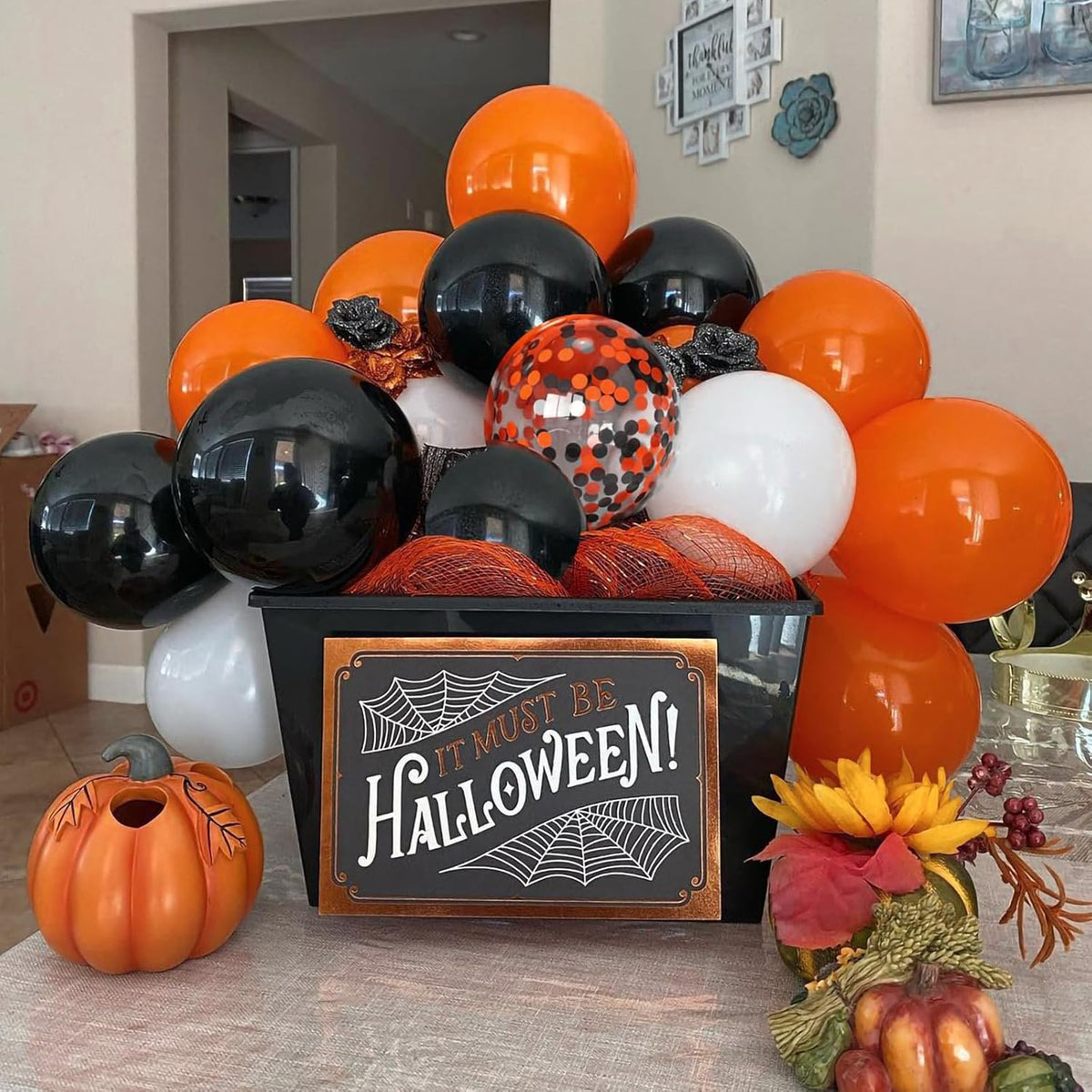 Halloween Black and Orange Balloons Set, 60Pcs 12 Inch Orange Black Confetti Latex Balloon for