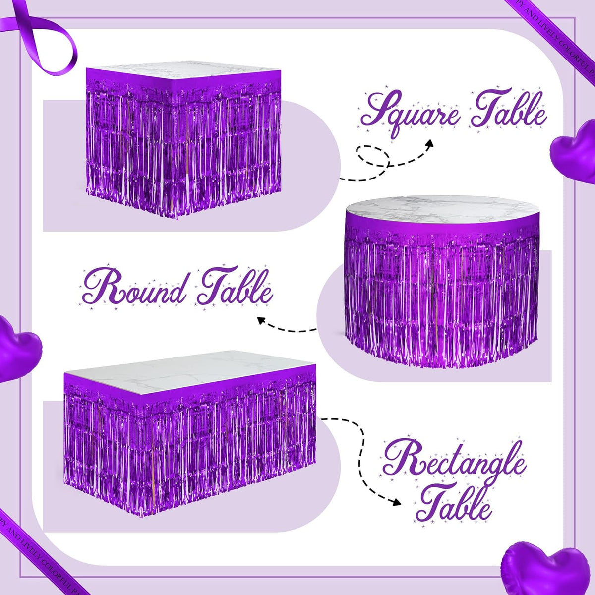 2 Pack Dark Purple Table Skirts, 29x108" Metallic Foil Tinsel Fringe Table Skirts for Rectangle