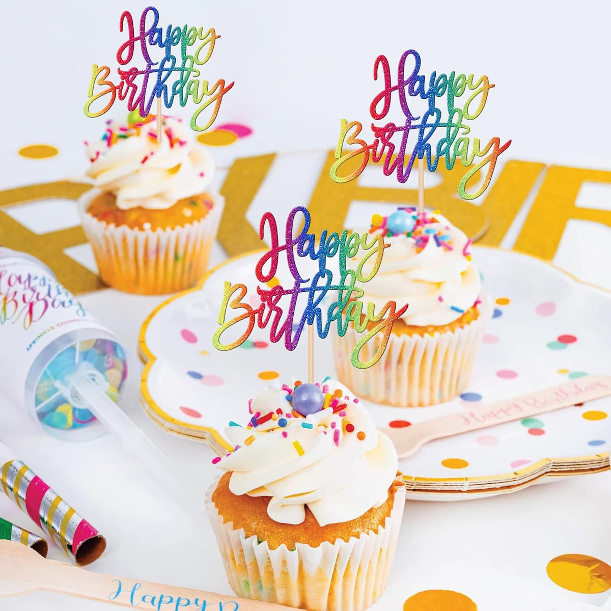 24 PCS Glitter Cupcake Toppers - Happy Birthday & Anniversary Picks for Celebrating Parties