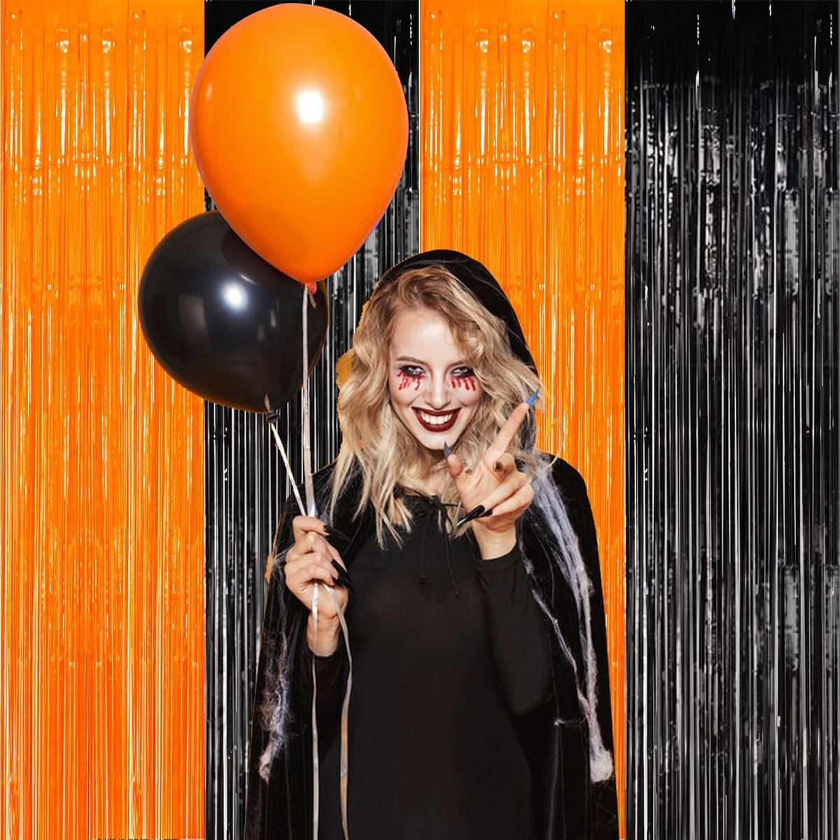 Foil Fringe Curtains-4 Pack of 3.2x8.2ft Orange Black Foil Fringe Curtains for Birthday Halloween