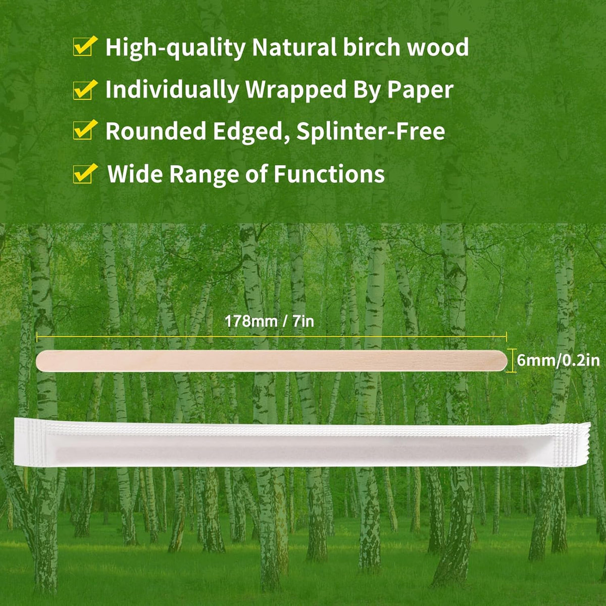 200pcs Individually Wrapped Coffee Stirrers Wood - 7" Coffee Stir Sticks, Round End Disposable