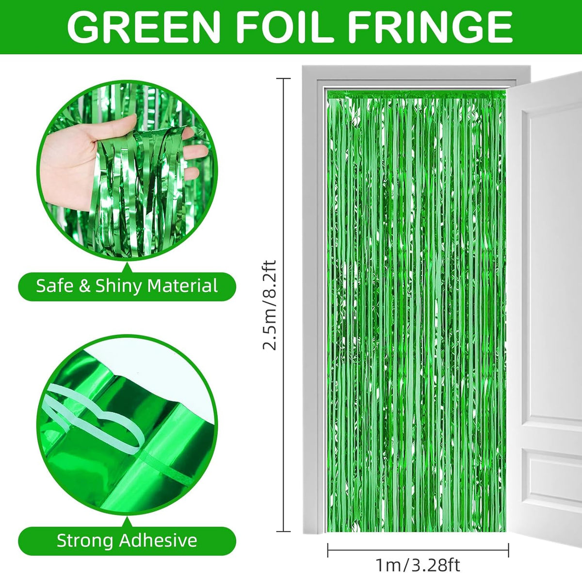 Green Fringe Curtain Party Streamers, 12 Pack 3.3ft x 8.2 ft Foil Curtain Backdrop Tinsel Foil