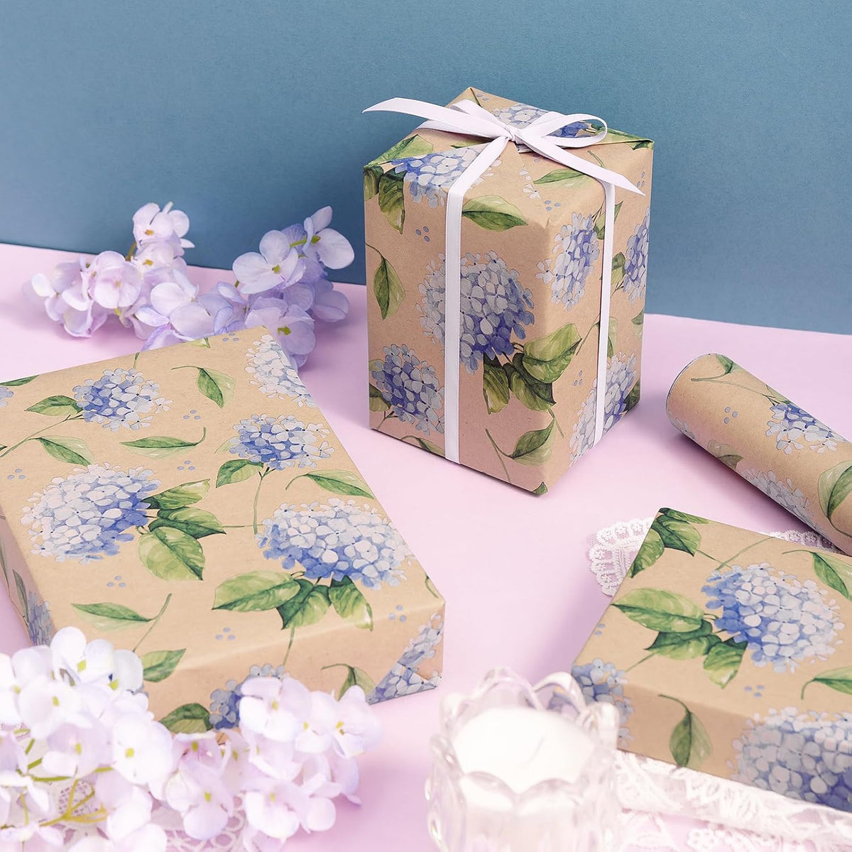RUSPEPA Hydrangea Wrapping Paper for Women Girls, Mini Roll, Delicate Blooming Floral Gift Wrap