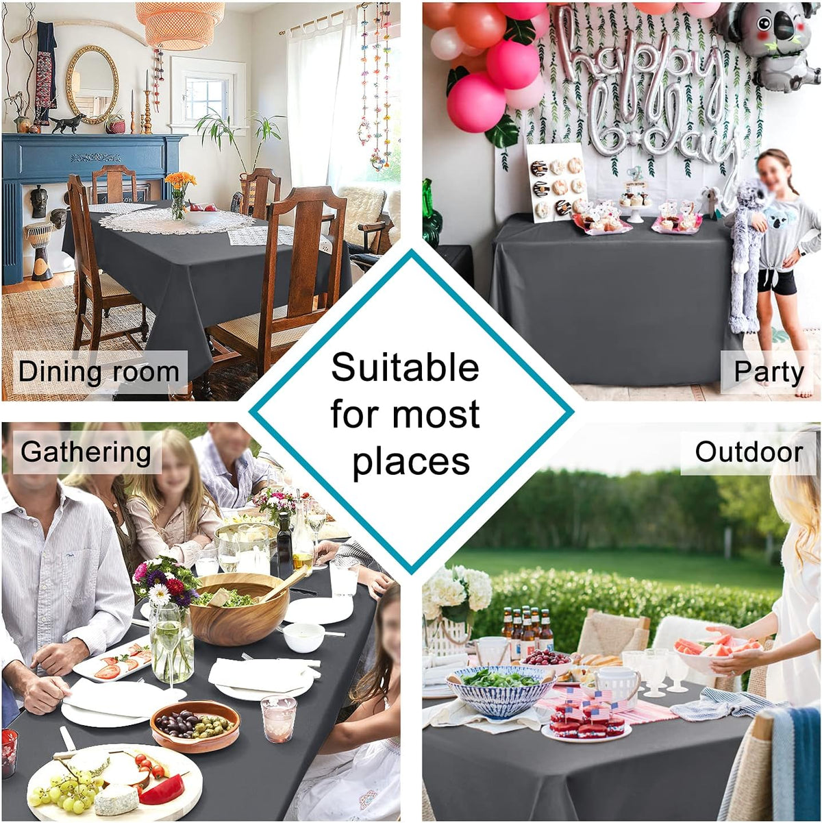 Hiasan Grey Rectangle Tablecloth - Waterproof Washable Polyester Fabric Table Cloth for Party