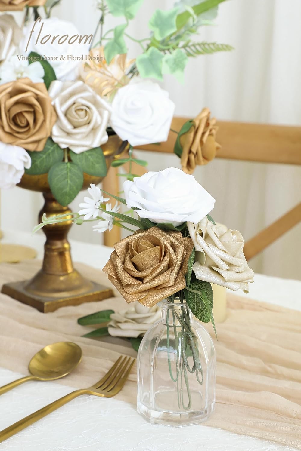 Floroom Artificial Flowers 25pcs Real Looking Gold & Champagne Gold Foam Fake Roses with Stems for