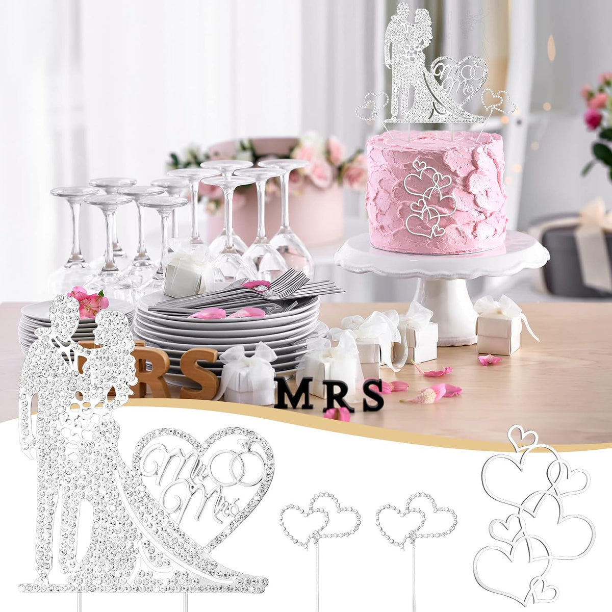 Spiareal 4 Pcs Wedding Cake Topper Mr and Mrs Rhinestone Bride and Groom Love Cake Topper Metal