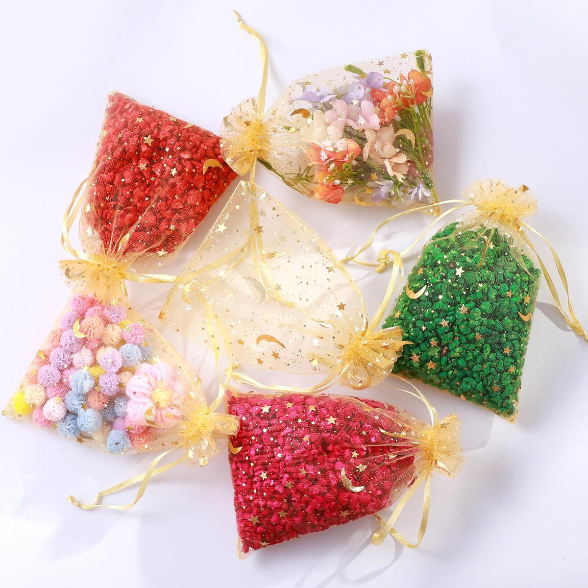 Hopttreely 100 Pieces Moon Star Organza Jewelry Candy Bags, 4x6 Inch Gold Organza Pouch Small Gift