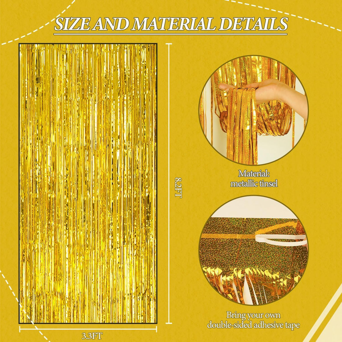 3 Pack Foil Fringe Backdrop - Laser Gold Shiny Tinsel Curtains for Party Decoration/Photo Booth