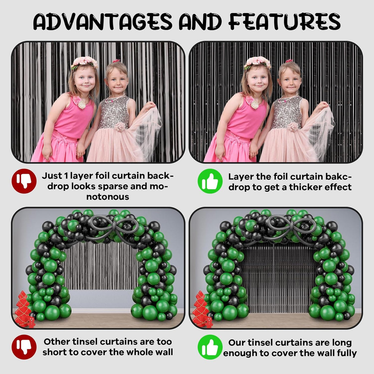 2 Pack Black Foil Fringe Backdrop Curtains, Tinsel Streamers Birthday Party Decorations, Fringe