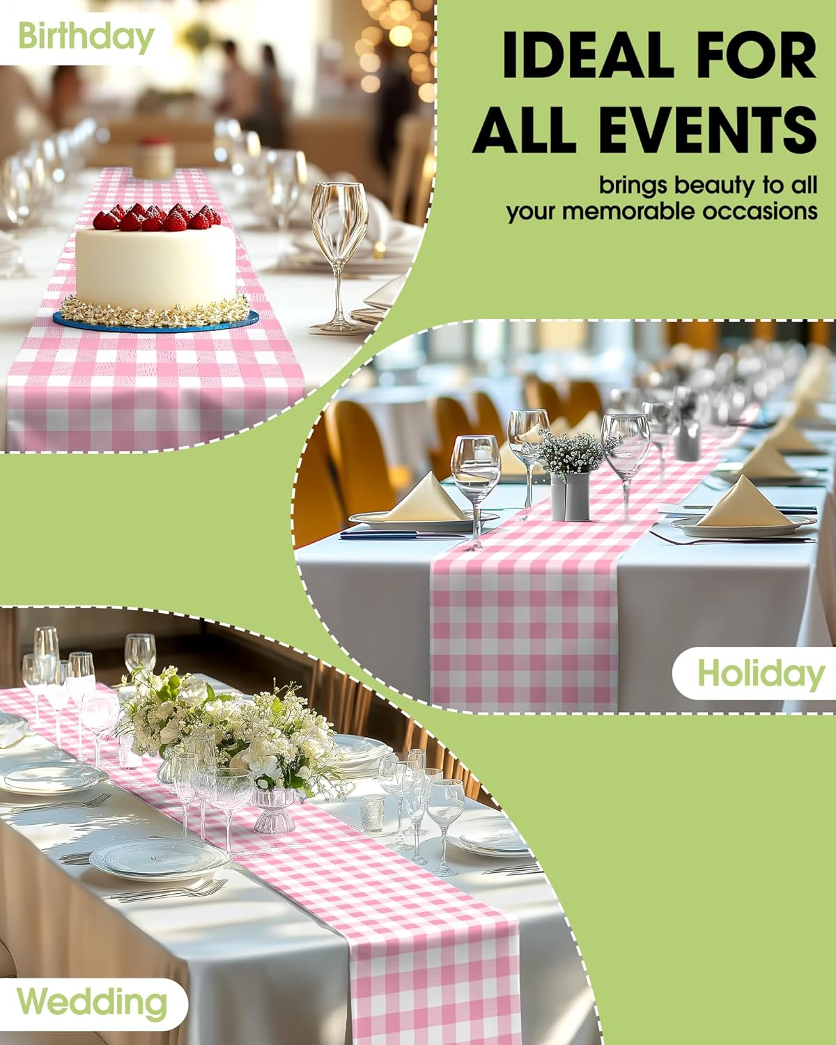 Pureegg Gingham Plastic Table Runners - 10 Pack, 14'' x 108'', Water Resistant & Disposable Plaid