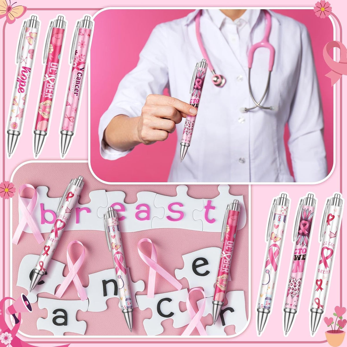 24 Pcs Breast Cancer Awareness Gift Pen Pink Ribbon Black Ink Ballpoint Writing Pen Breast Cancer
