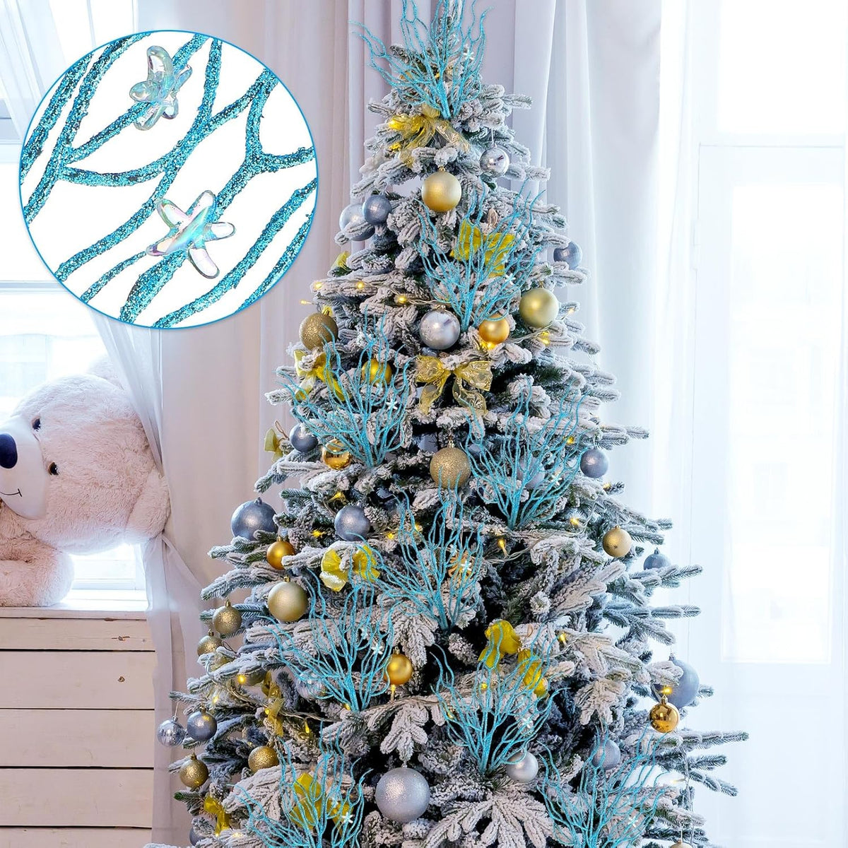 8 Pcs Blue Coastal Ornaments for Christmas Tree Artificial 15.7inch Glitter Coastal Ocean Branch