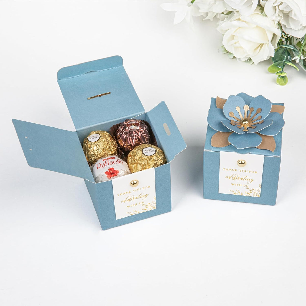 FEIYI 20 PCS Favor Boxes, 3 In 1 Dusty Blue Candy Boxes with Floral Decor, White Thank You Tags
