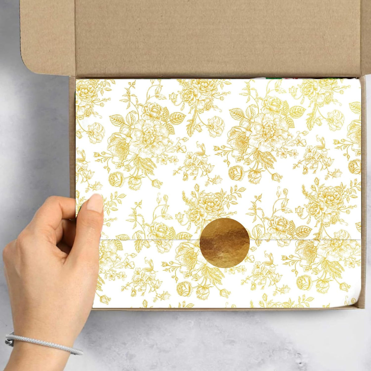 JarThenaAMCS 100 Sheets Floral Tissue Paper Gold Flower Gift Wrapping Paper Vintage Decorative Art