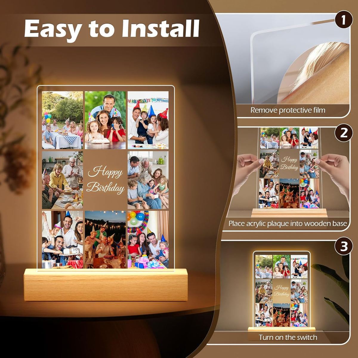 Custom Picture Frames with Photo, Personalized Collage Photo Frame with Night Light, Customized