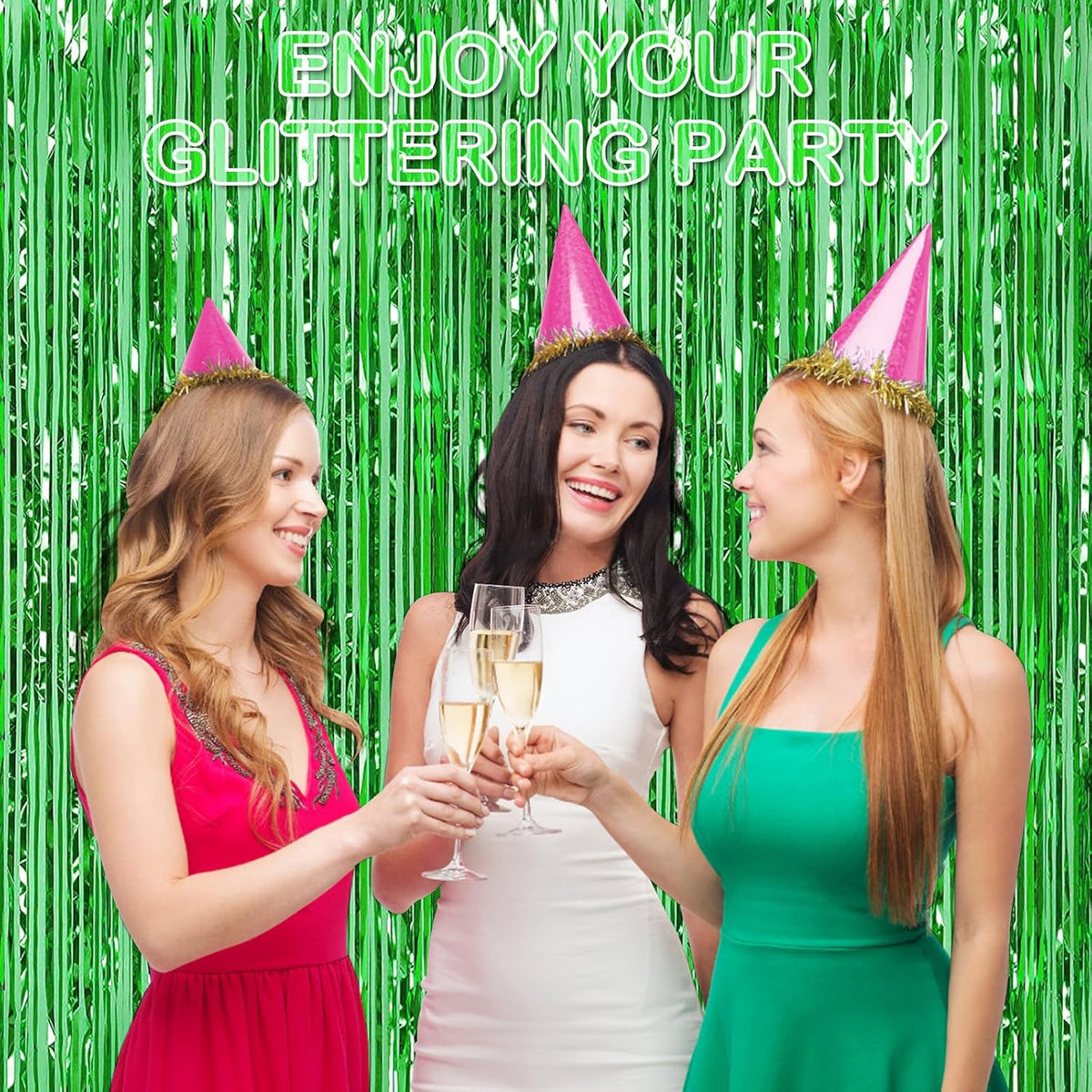 Green Fringe Curtain Party Streamers, 12 Pack 3.3ft x 8.2 ft Foil Curtain Backdrop Tinsel Foil