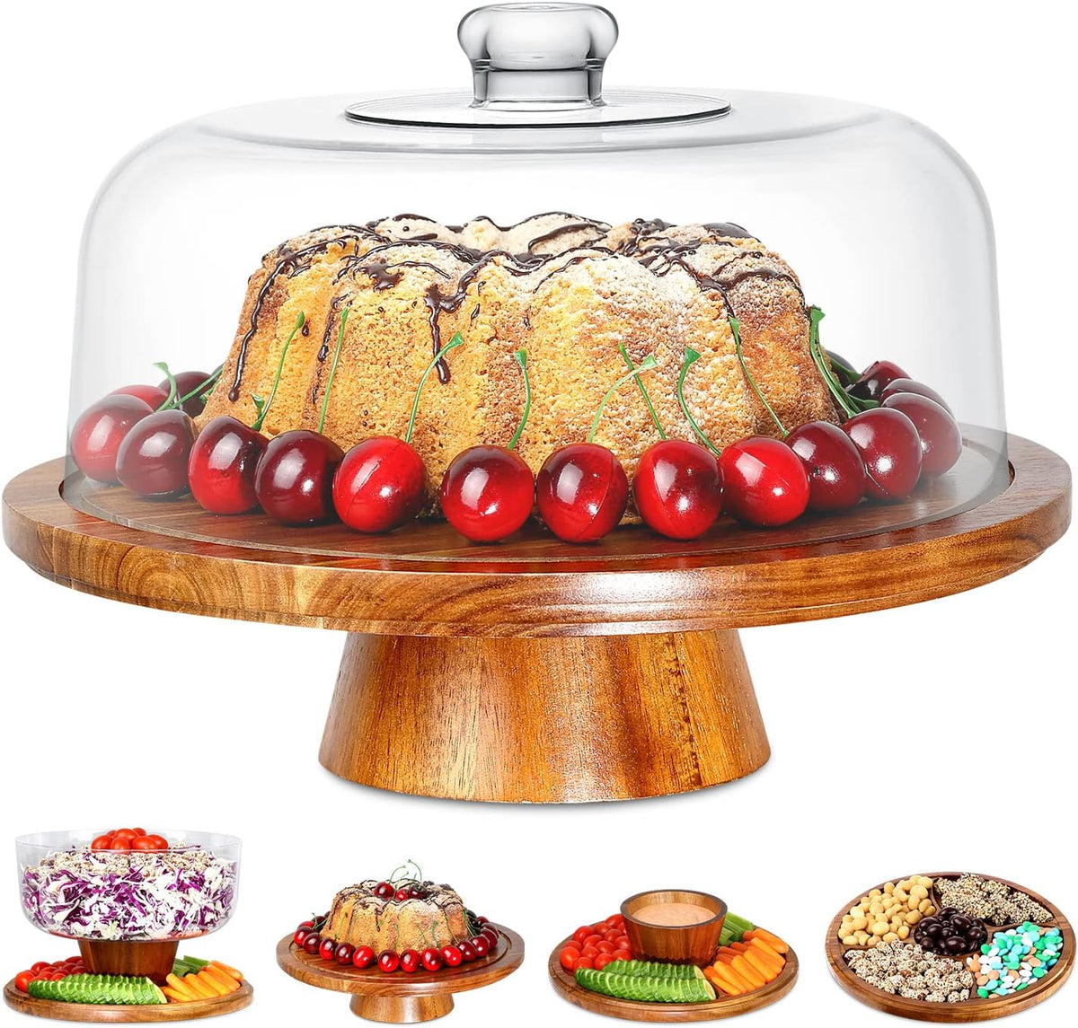 Homeries Acacia Wood Cake Stand with Lid, Cake Plate, (6 in 1) Multi-Functional Serving Platter