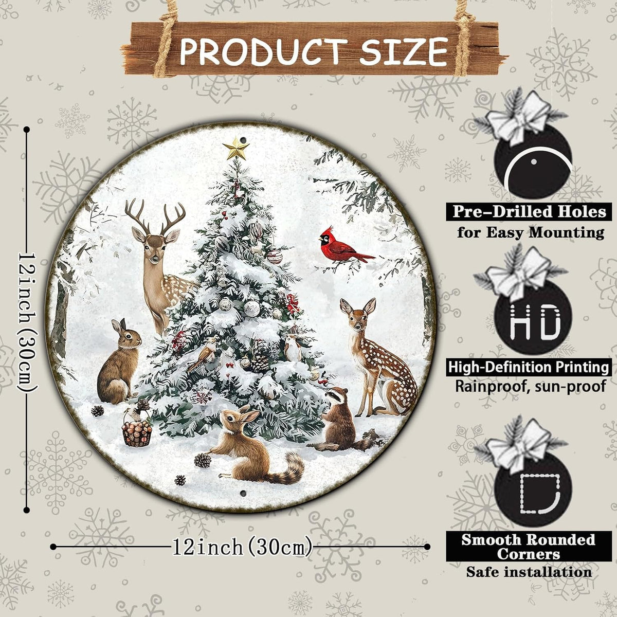 Round Christmas Snow Animals Metal Tin Sign - Vintage Christmas Tree & Winter Sign for Home &