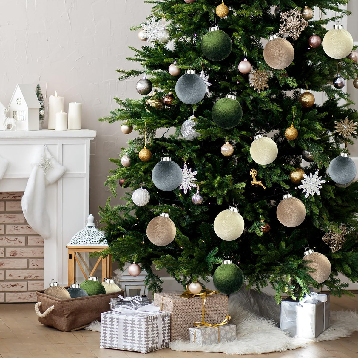 Velvet Ball Ornaments for Christmas Tree 15 PCS, Large Neutral Flocked Christmas Bulb Ornaments Set