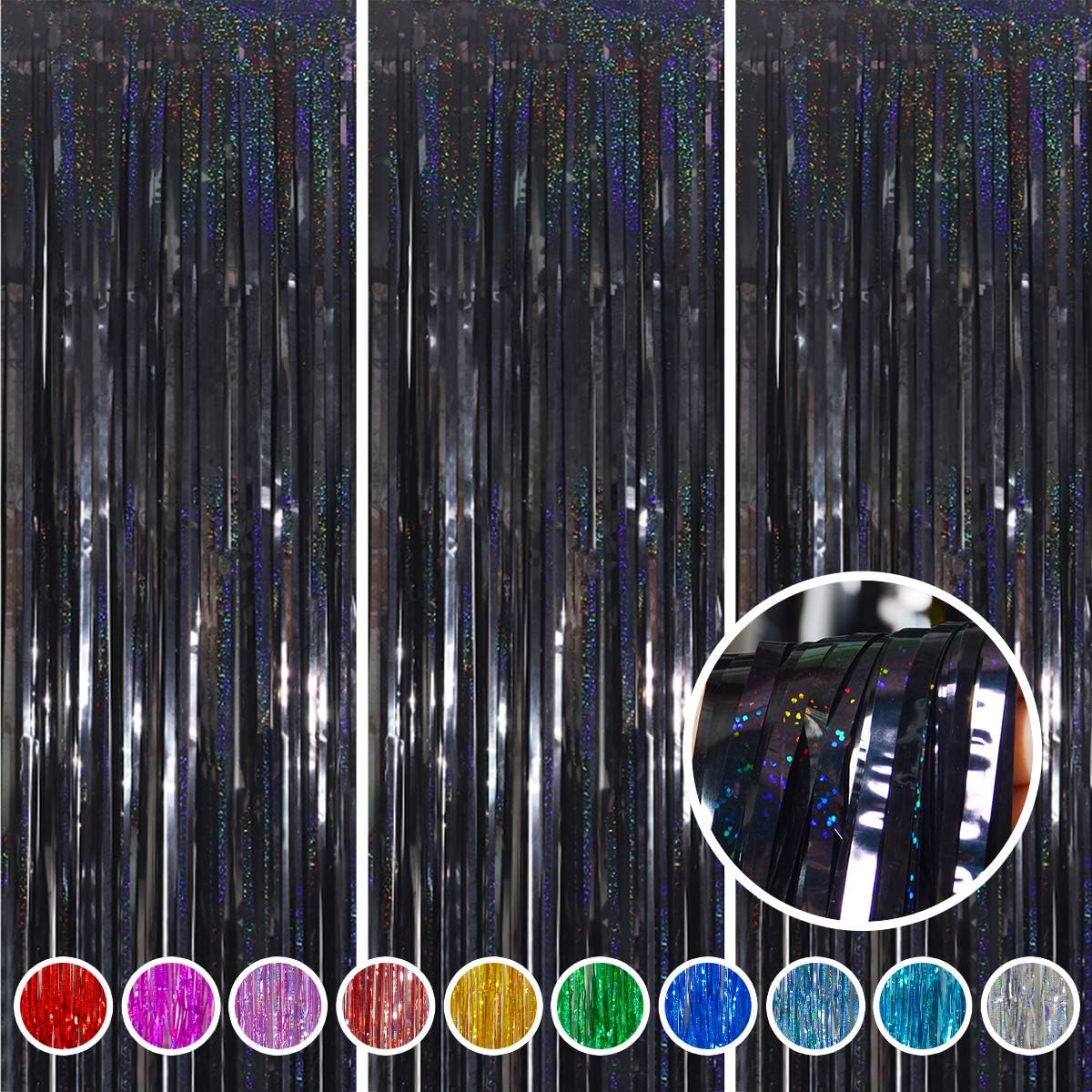 Foil Fringe Curtains Halloween Decor Indoor Party Decorations - Melsan 3 Pack 3.2 x 8.2 ft Black