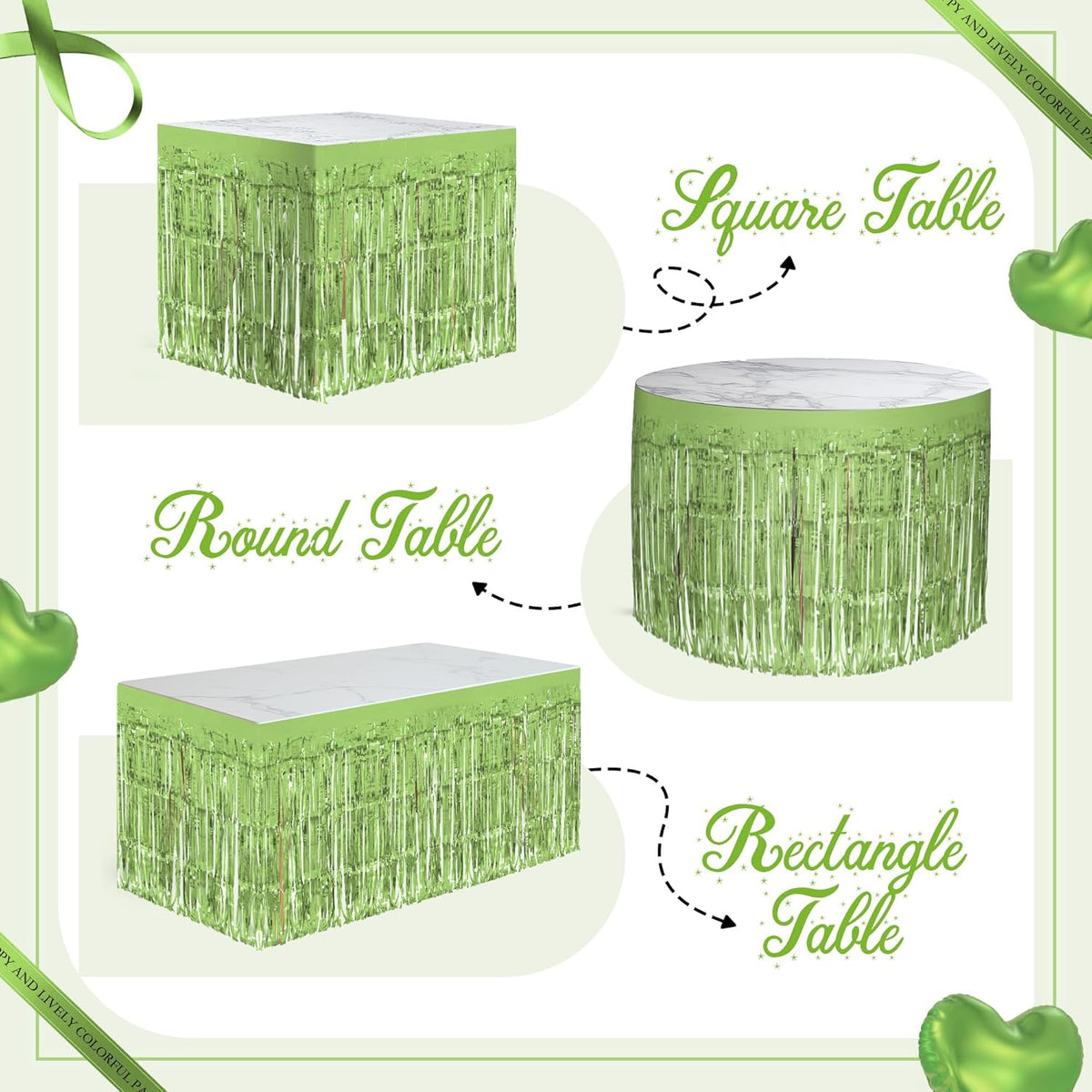 8 Pack Light Green Table Skirts, 29x108" Metallic Foil Tinsel Fringe Table Skirts for Rectangle