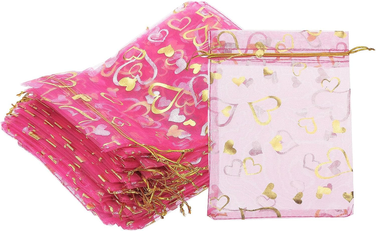 PATIKIL 100 Pcs 5x7 Inch Heart Printed Organza Bags, Rose Red Sheer Heart Organza Bags with