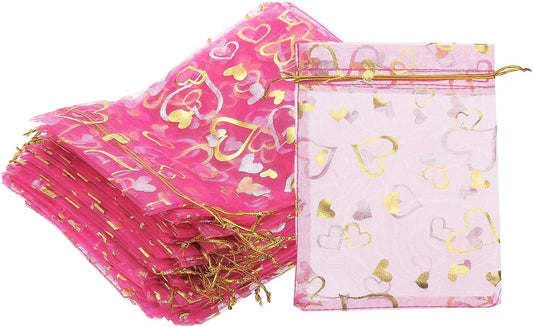 PATIKIL 100 Pcs 5x7 Inch Heart Printed Organza Bags, Rose Red Sheer Heart Organza Bags with