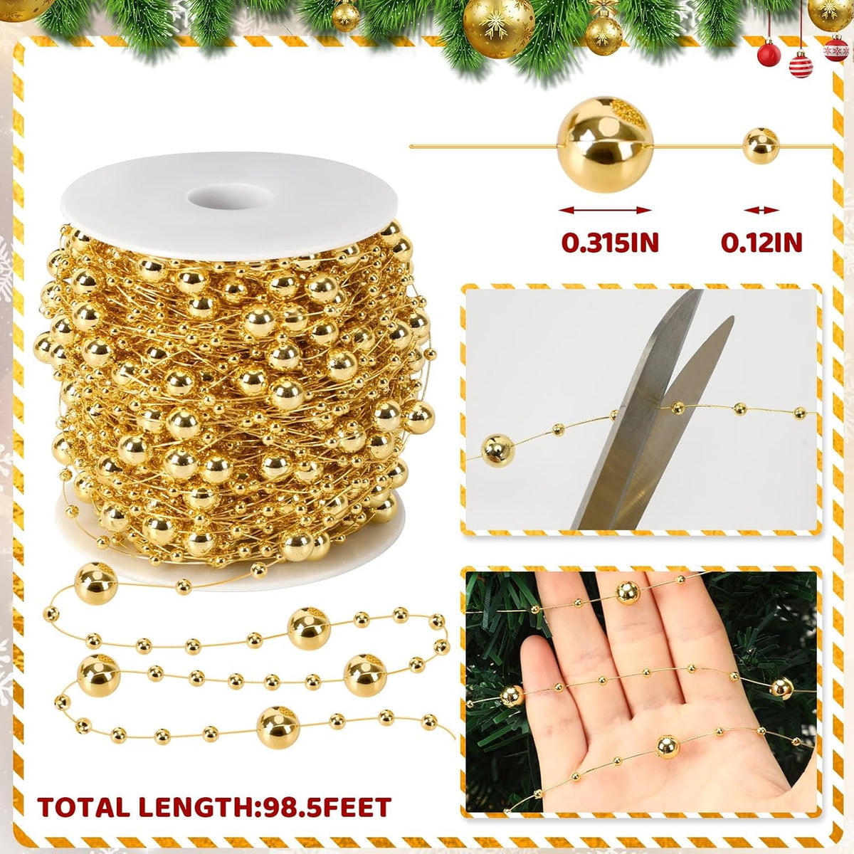 JULBEAR Beads Garland Decoration,1 Rolls 131 Feet Gold Christmas Pearl Strands Chain Bead Garland