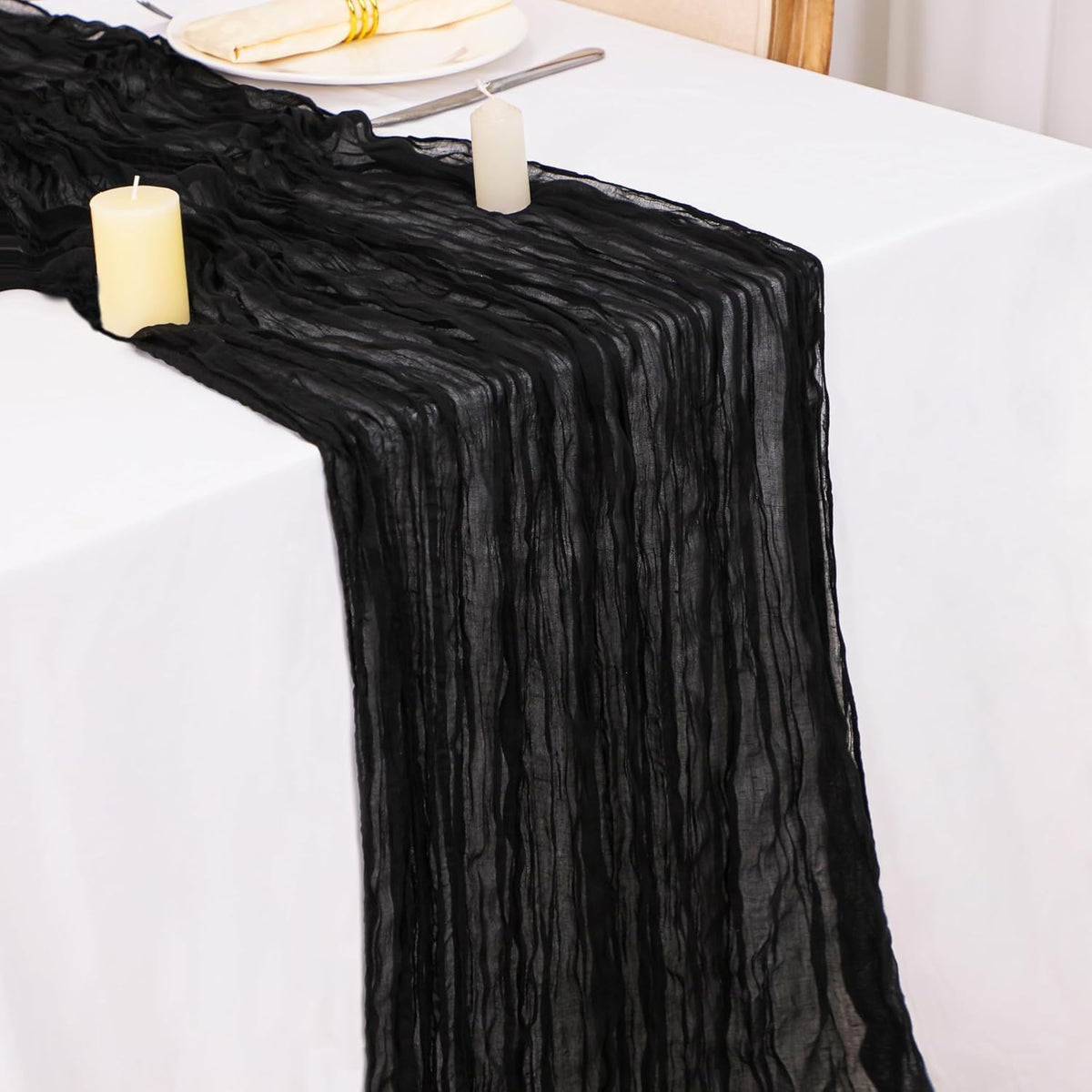 Snowkingdom 6PCS 13 Ft Black Cheesecloth Table Runner, 160 inch Long Cheese Cloth Boho Gauze