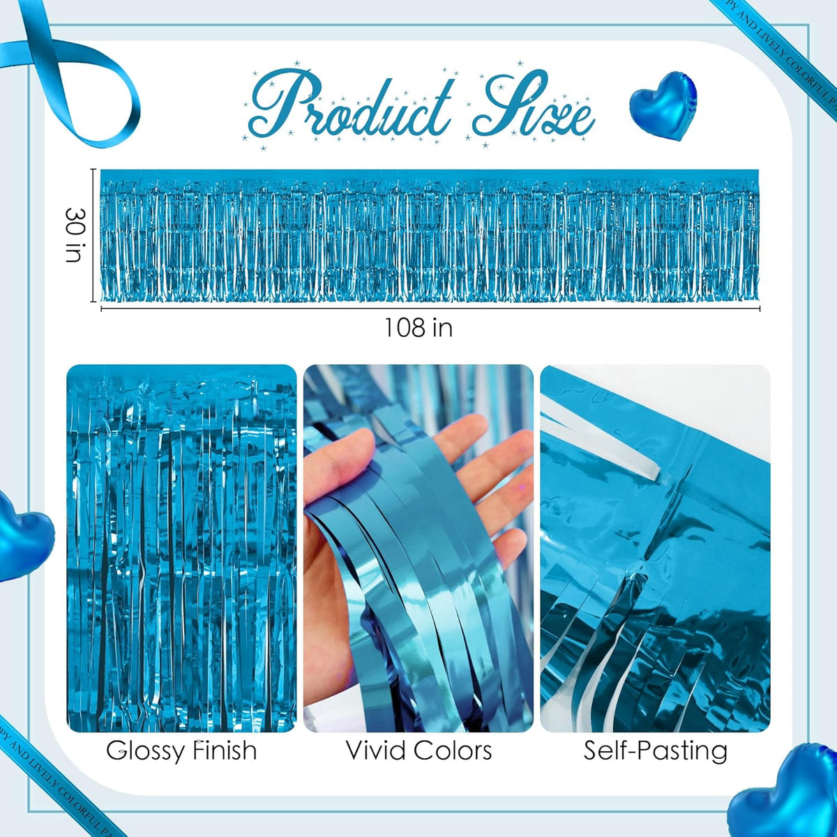 1 Pack Lake Blue Table Skirts, 29x108" Metallic Foil Tinsel Fringe Table Skirts for Rectangle