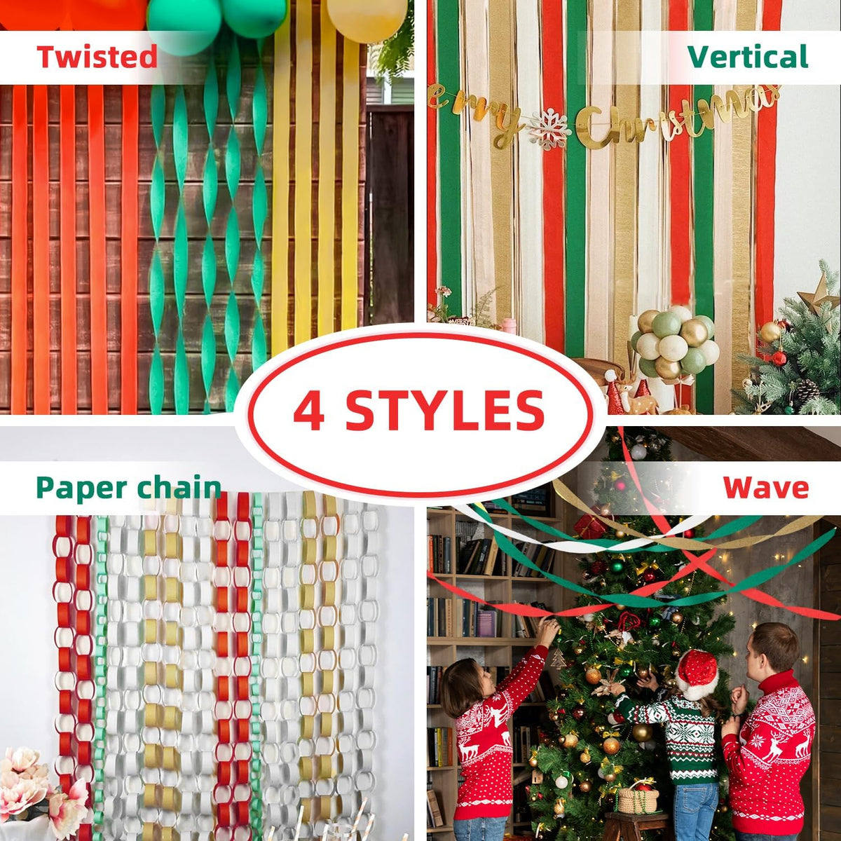 Crepe Paper Streamers 8 Rolls 656ft, Pack of Green, Red, Gold, White Party Streamers for Christmas