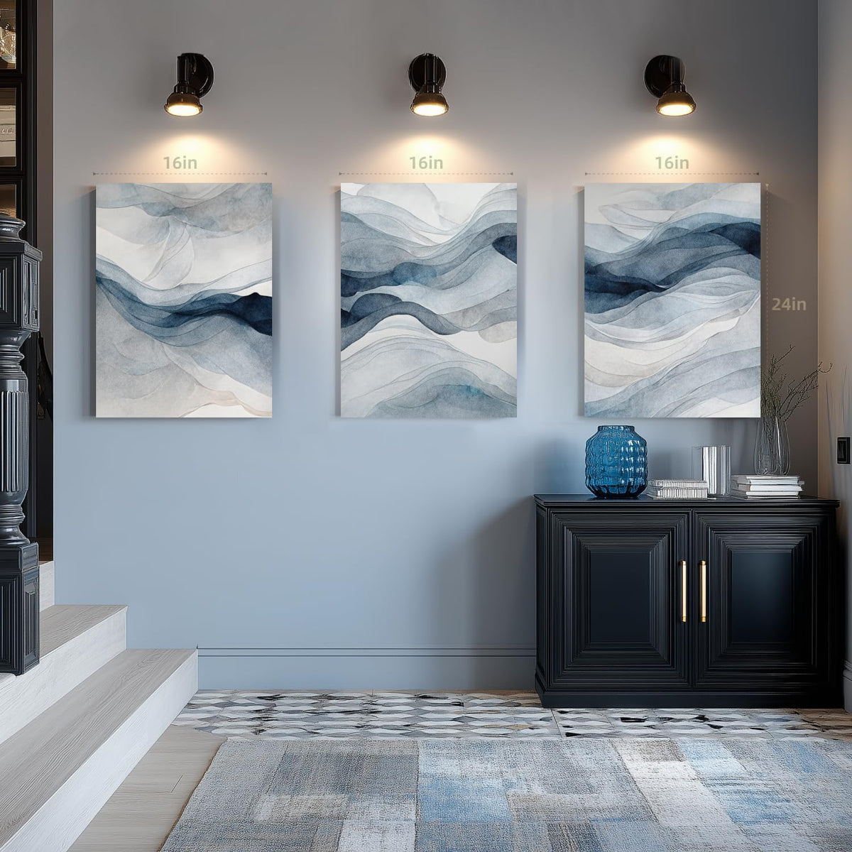 IAFWZX Framed Blue Gray Abstract Wall Art, Modern Minimalist Waves Wall Decor, Neutral Watercolor