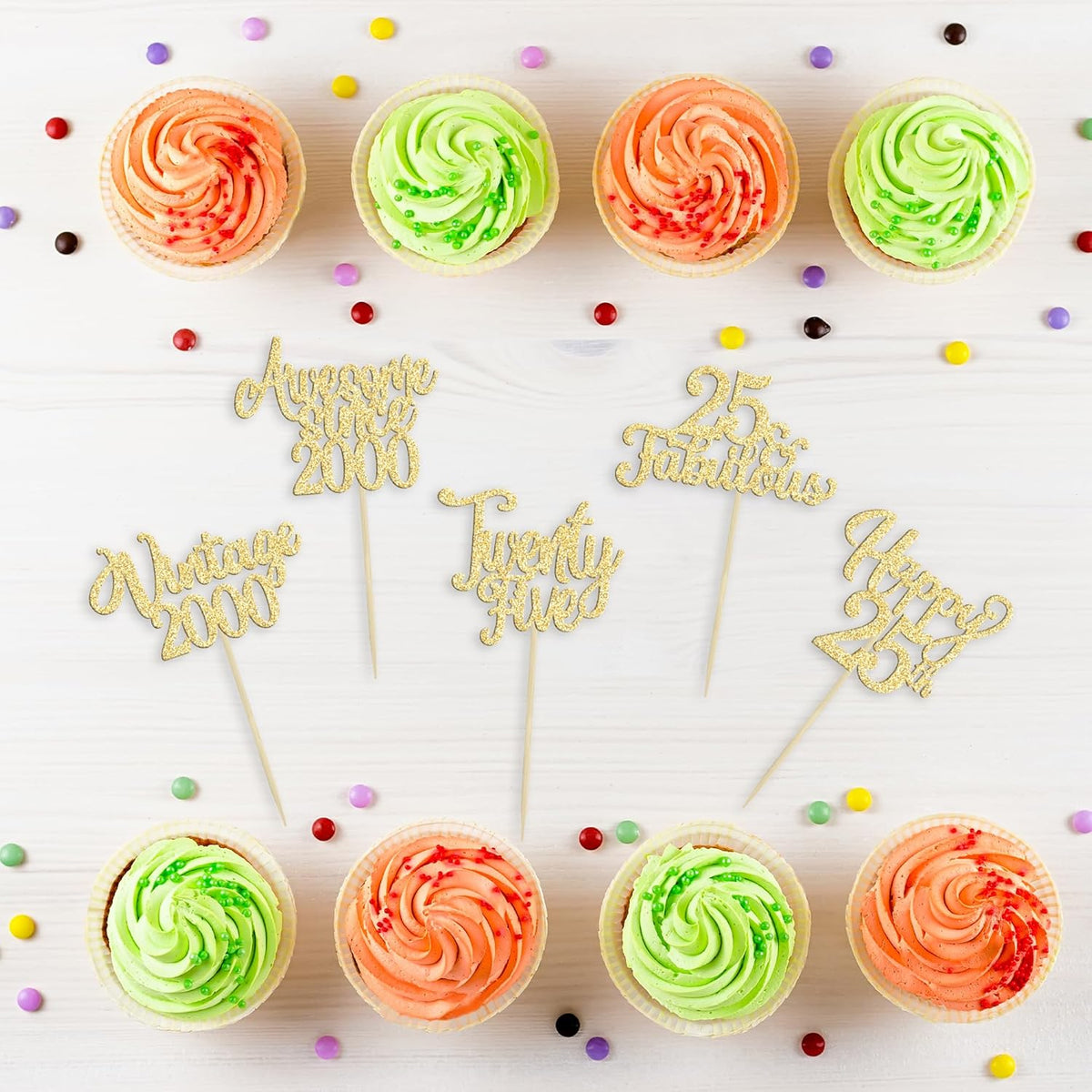 30Pcs Vintage 2000 Cupcake Toppers Glitter Twenty-Five Happy 25th Birthday 25 Fabulous Cupcake