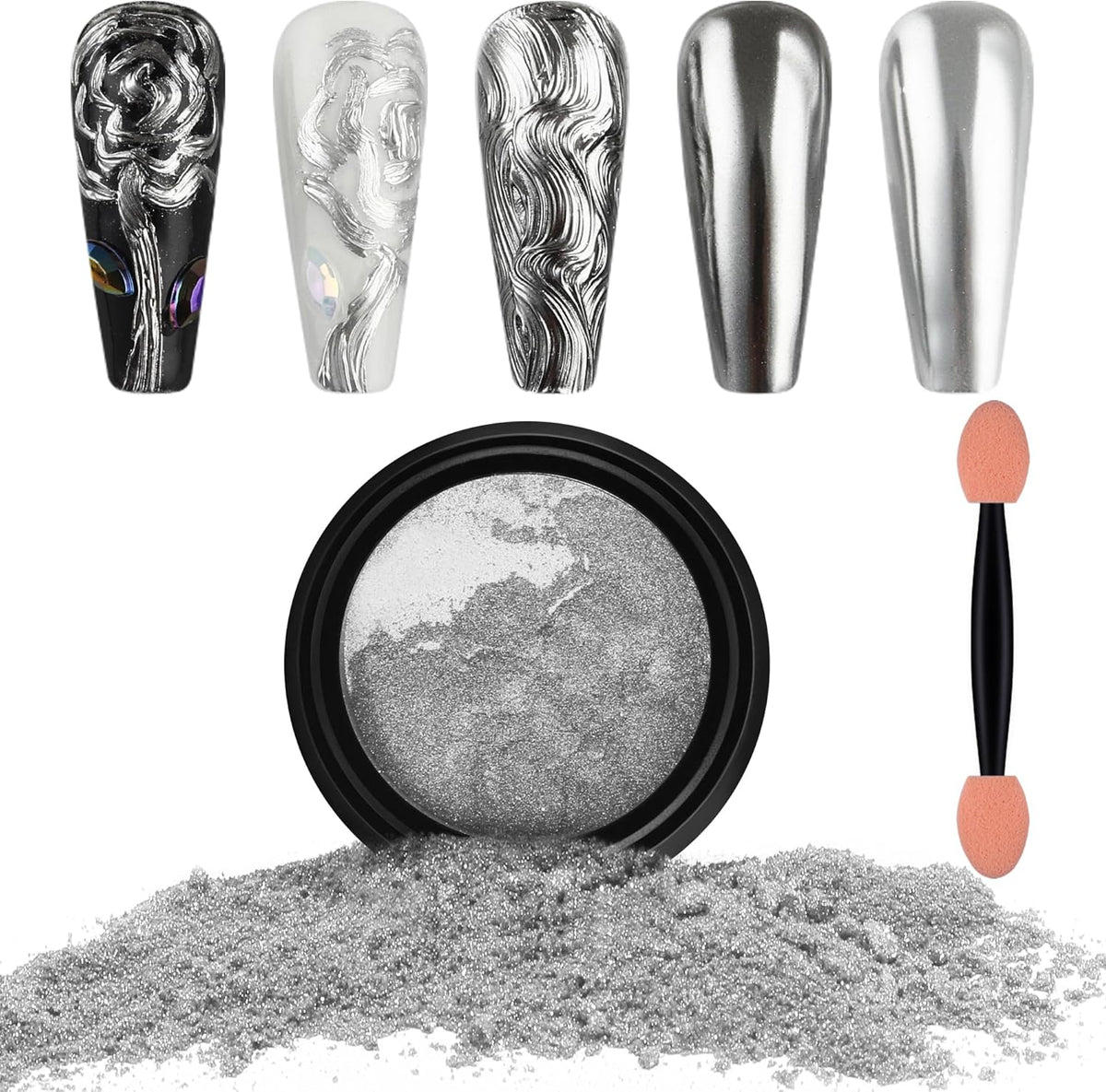 Artdone Chrome Nail Powder, Silver Iridescent Aurora Powder Metallic Mirror Effect Pigment
