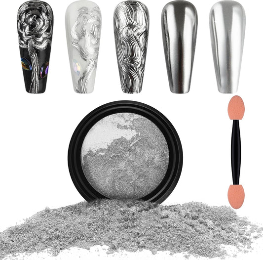 Artdone Chrome Nail Powder, Silver Iridescent Aurora Powder Metallic Mirror Effect Pigment