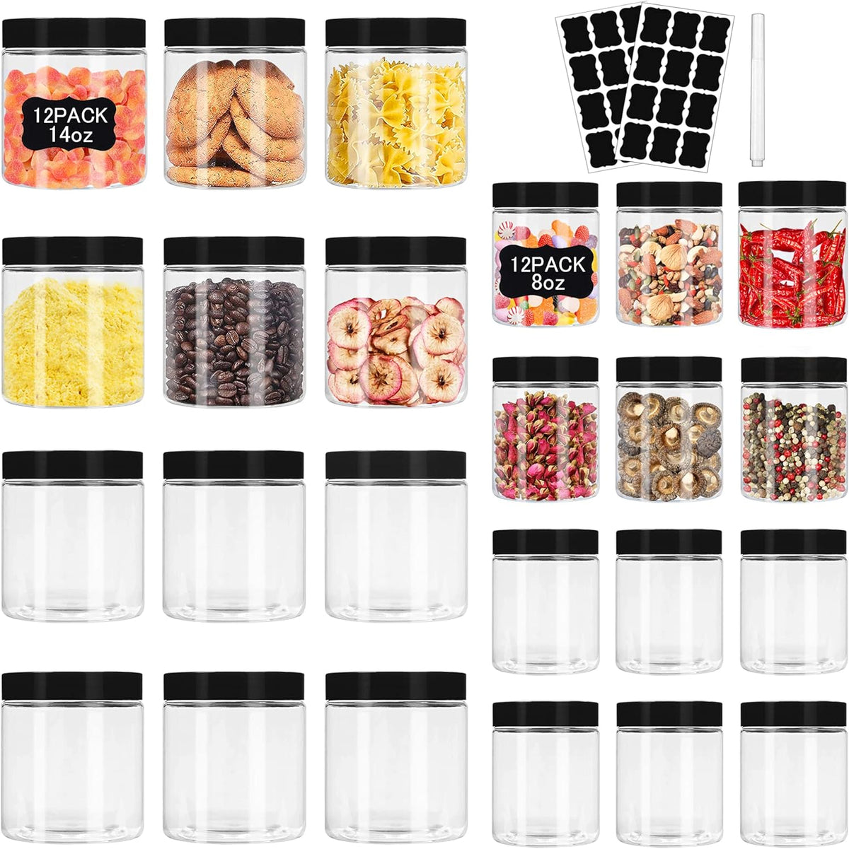 Plastic Jars with Lids 8 oz & 14 oz 24Pcs Clear Plastic Slime Storage Jars Containers with Airtight