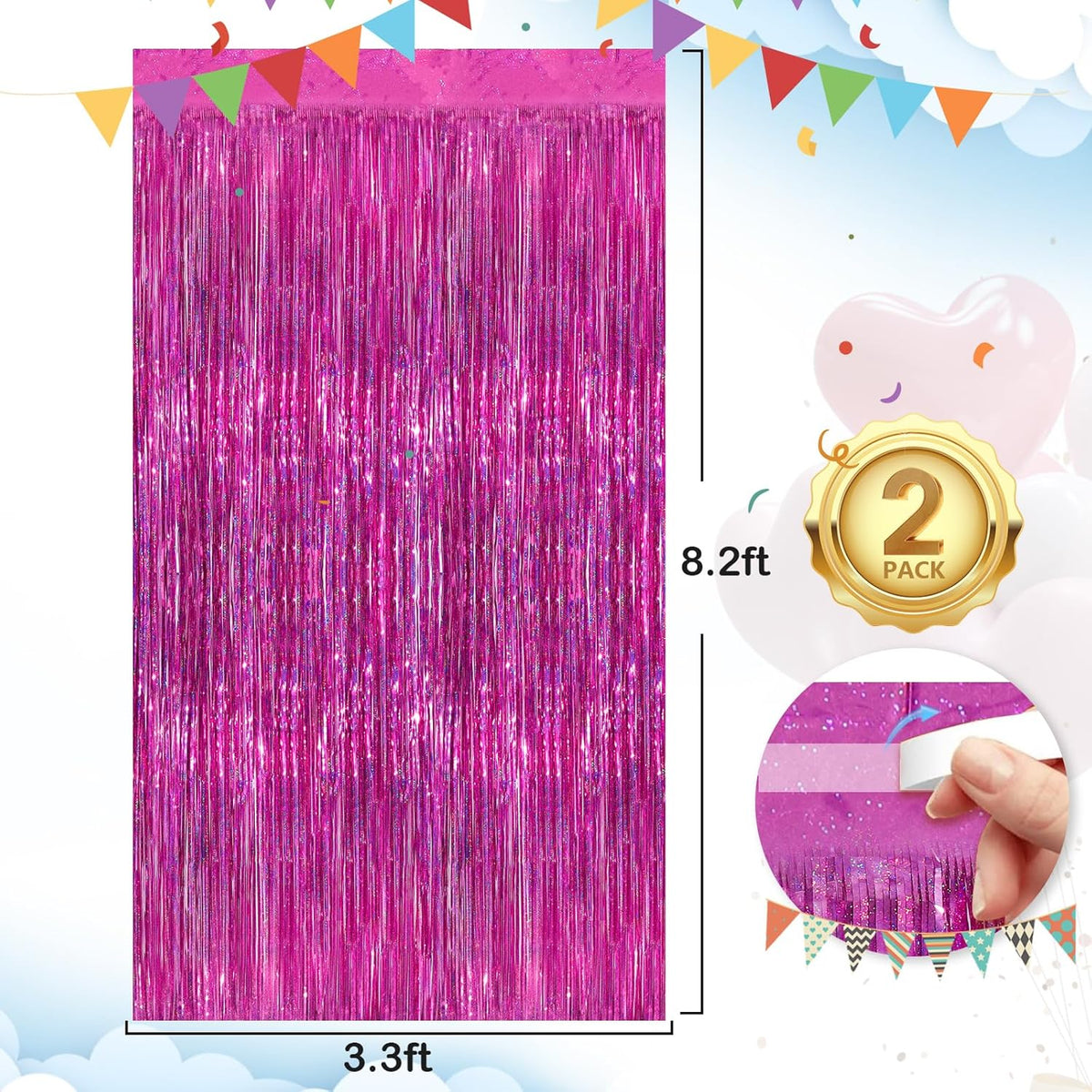 Rose Pink Party Streamers 2 Pack Glitter Foil Fringe Curtain 3.3 x 8.3ft Pink Party Decor Photo
