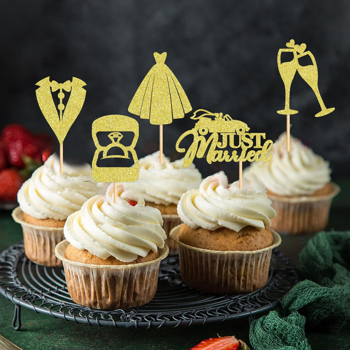 25 Pcs Bride and Groom Cupcake Toppers Wedding Dress Diamond Ring Cupcake Picks Bridal Shower
