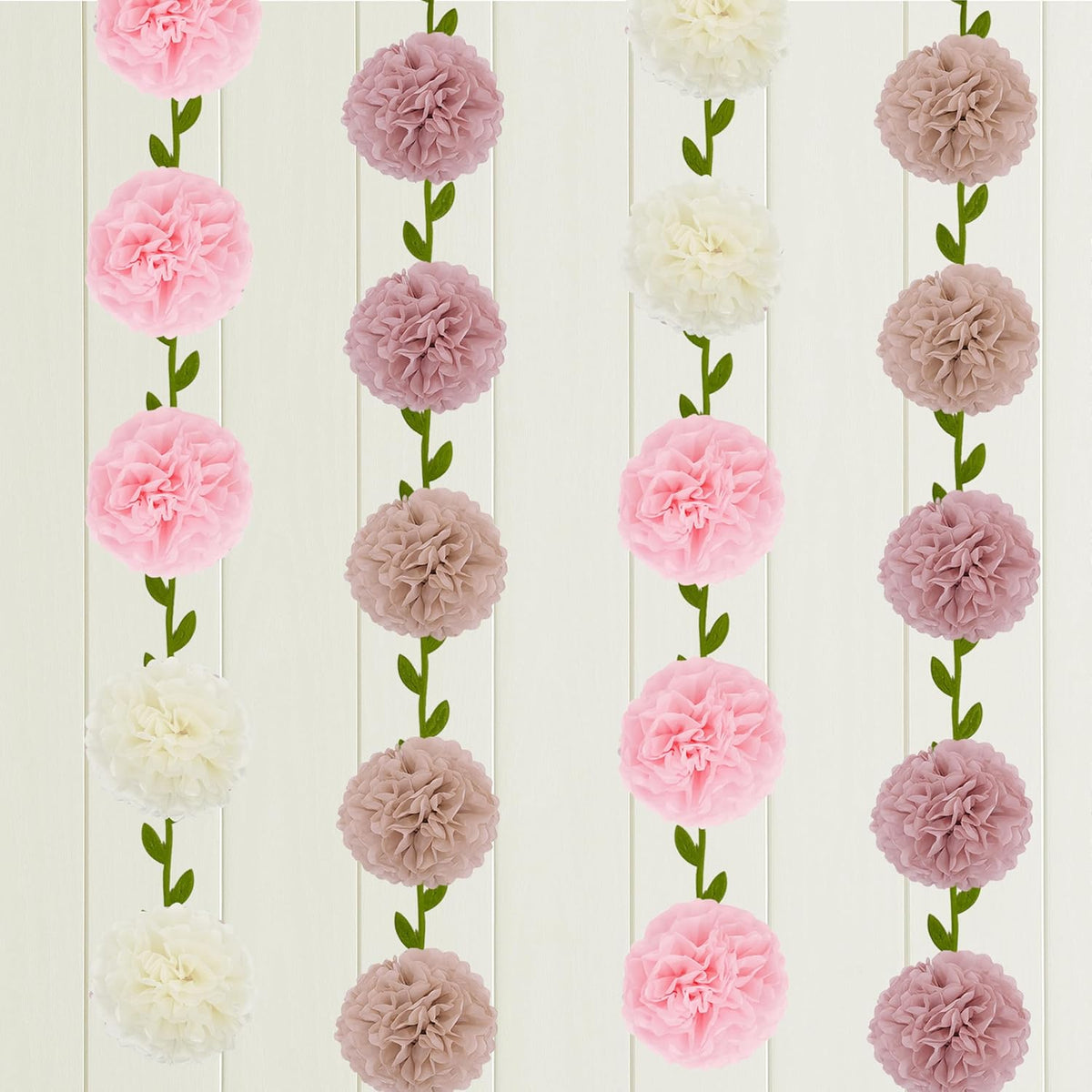 2 Pack Nude Pink Beige Tissue Paper Pom Pom Garlands Hanging with Cloth Vine for Nature Garden
