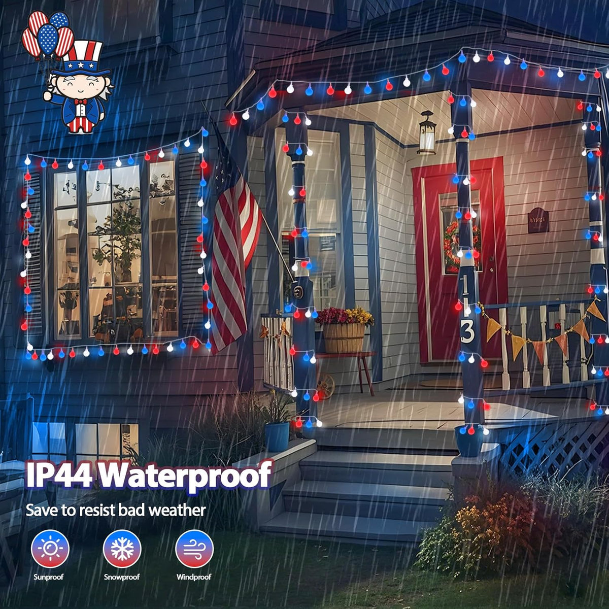 Connectable Red White and Blue String Lights Outdoor Indoor, 42FT 100LED 4th of July Decorations