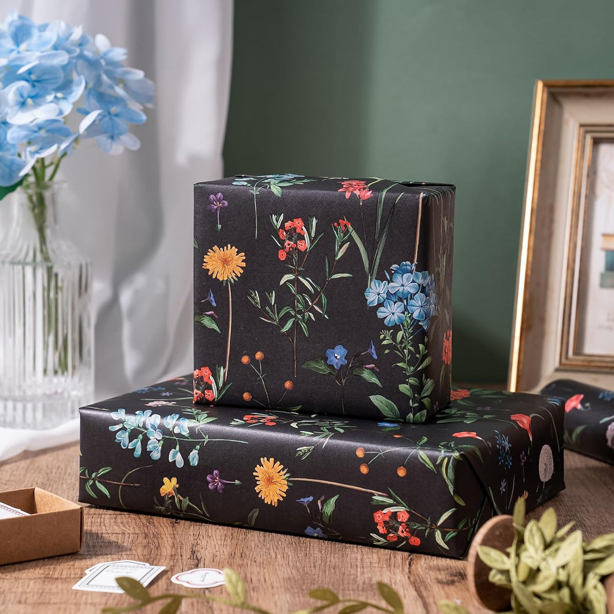WRAPAHOLIC Kraft Wildflower Wrapping Paper - Mini Roll - 17 Inch x 16.5 Feet - Black Floral
