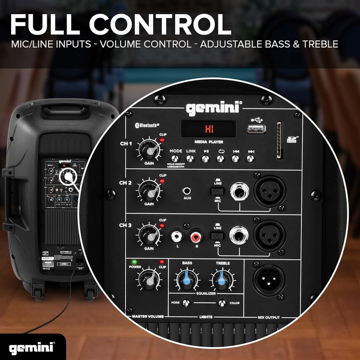 Gemini Sound AS-2115BT-LT Active 2000W Watt Party LED Light 15 Inch Woofer Powered Stage DJ Monitor