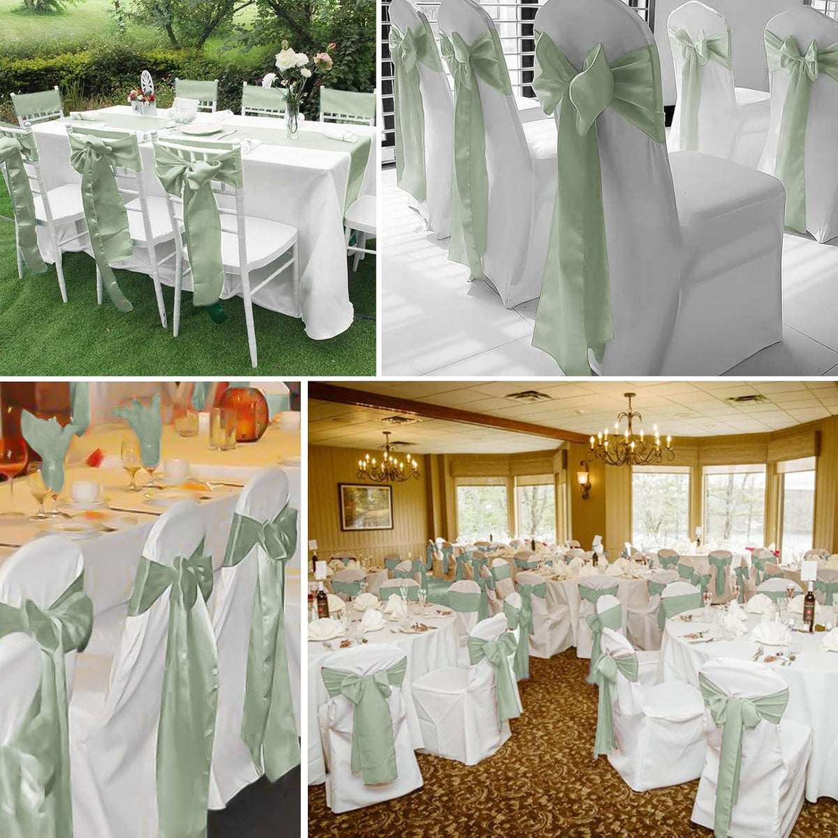fani 60 PCS Sage Green Satin Chair Sashes Bows Universal Chair Cover for Wedding Reception
