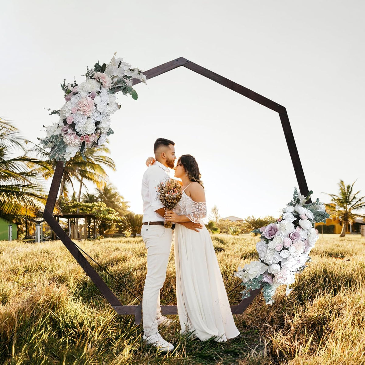 7FT Wedding Arch, Heptagonal Wood Arch for Wedding Ceremony, Arbor Backdrop Stand for Garden