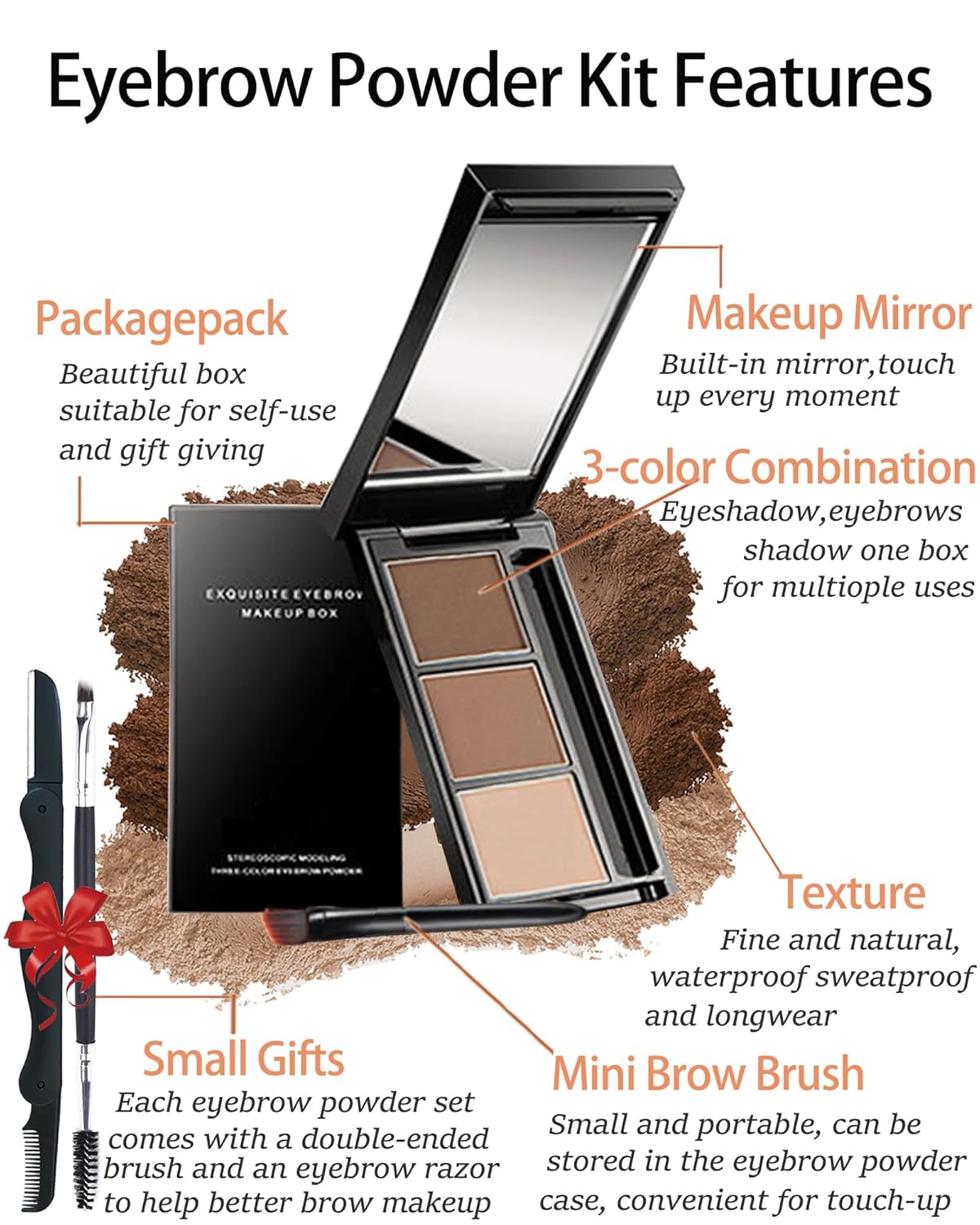 Eyebrow Powder Makeup Kit-3 Colors Eye Brow Powder Palette Long-Lasting Waterproof, Black Brown
