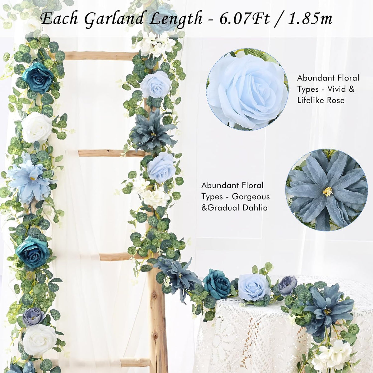 Waipfaru 2Pcs Artificial Eucalyptus Garland with Flowers 6.07Ft, Wedding Table Decorations, Floral