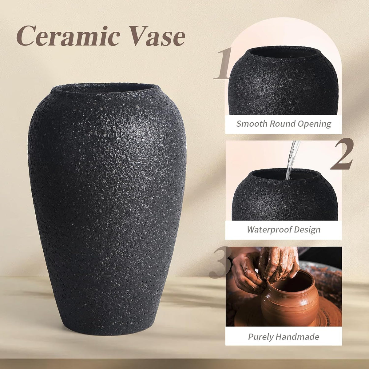 Large Rustic Vase for Flowers,10'' Black Farmhouse Ceramic Vases for Home Decor, Minimalist