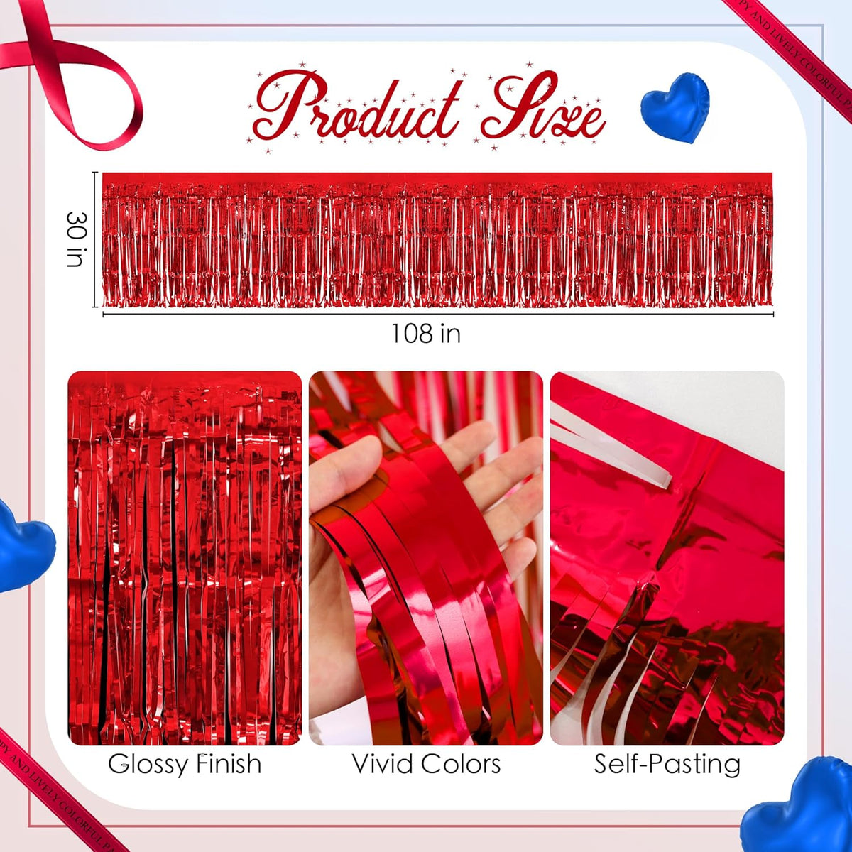 2 Pack Red Dark Blue Table Skirts, 29x108" Metallic Foil Tinsel Fringe Table Skirt for Rectangle